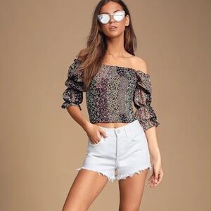 Lulus Mindset Black Floral Print Smocked Puff Sleeve Top Cottagecore Medium